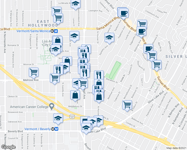 map of restaurants, bars, coffee shops, grocery stores, and more near 3926 Marathon Street in Los Angeles