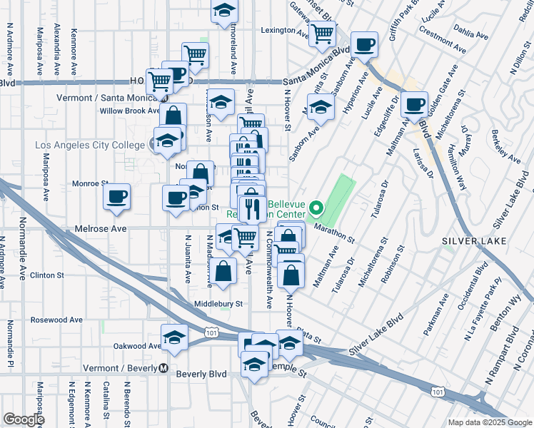 map of restaurants, bars, coffee shops, grocery stores, and more near 3926 Marathon Street in Los Angeles
