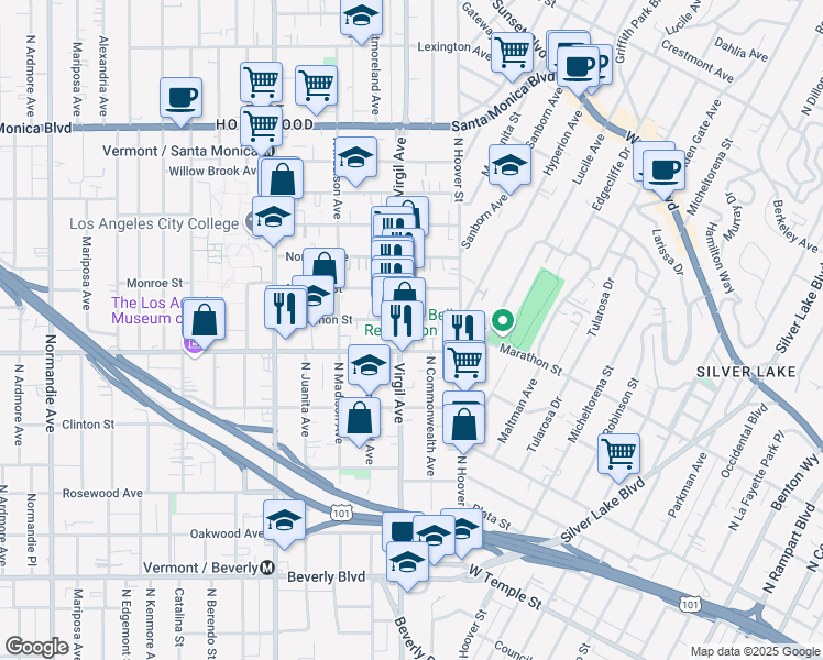 map of restaurants, bars, coffee shops, grocery stores, and more near 727 North Virgil Avenue in Los Angeles