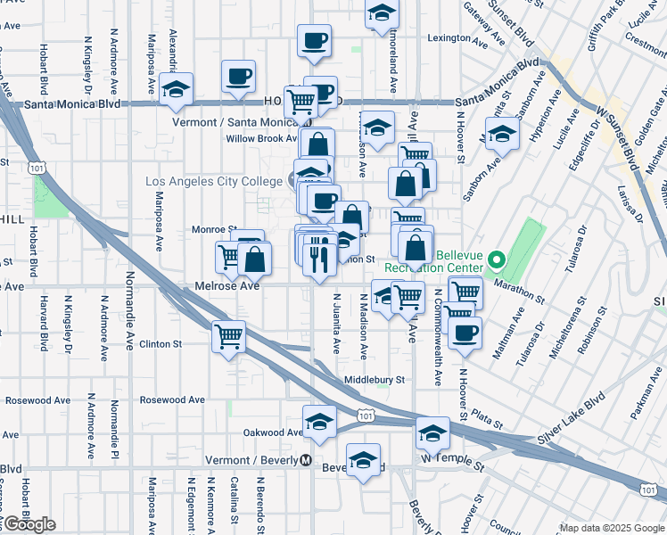 map of restaurants, bars, coffee shops, grocery stores, and more near 4112 Marathon Street in Los Angeles