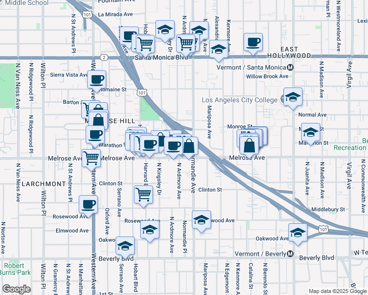 map of restaurants, bars, coffee shops, grocery stores, and more near 731 North Ardmore Avenue in Los Angeles