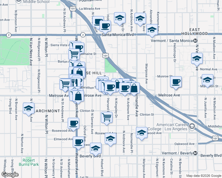 map of restaurants, bars, coffee shops, grocery stores, and more near 732 North Harvard Boulevard in Los Angeles