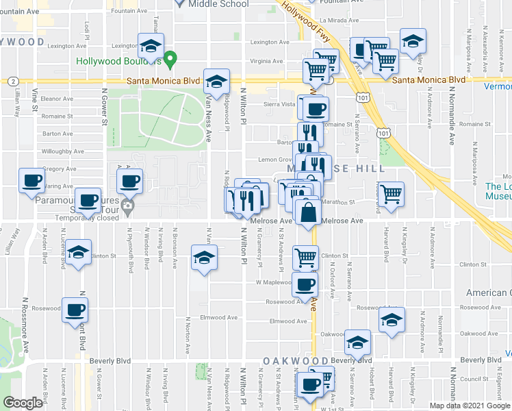 map of restaurants, bars, coffee shops, grocery stores, and more near 733 North Gramercy Place in Los Angeles