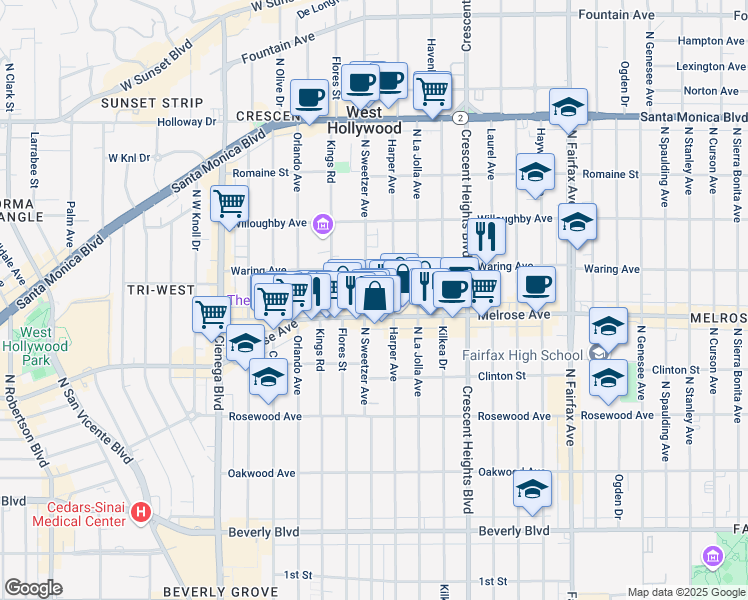 map of restaurants, bars, coffee shops, grocery stores, and more near 725 North Harper Avenue in Los Angeles