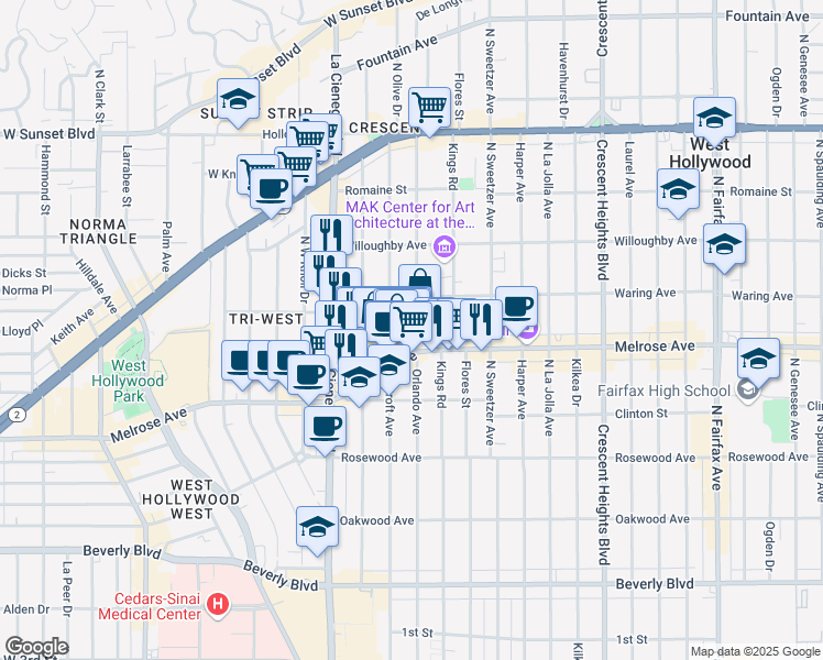 map of restaurants, bars, coffee shops, grocery stores, and more near 730 1/2 North Croft Avenue in West Hollywood