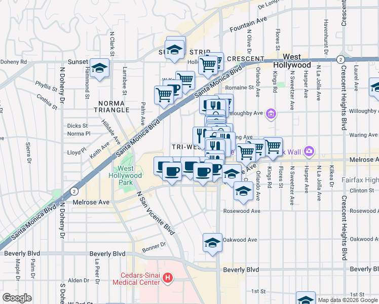 map of restaurants, bars, coffee shops, grocery stores, and more near 801 Westmount Drive in West Hollywood