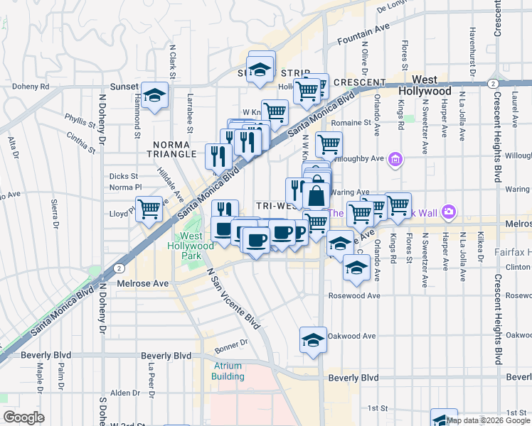 map of restaurants, bars, coffee shops, grocery stores, and more near 735½ Westbourne Drive in West Hollywood