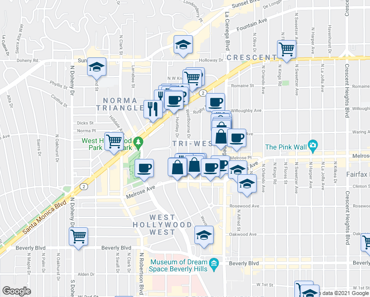 map of restaurants, bars, coffee shops, grocery stores, and more near 735½ Westbourne Drive in West Hollywood
