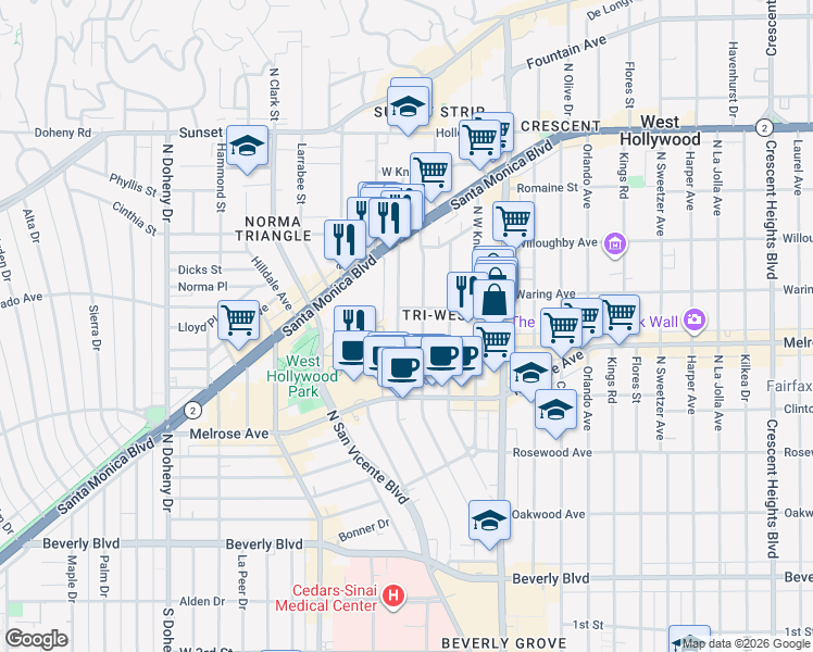map of restaurants, bars, coffee shops, grocery stores, and more near 720 Huntley Drive in West Hollywood