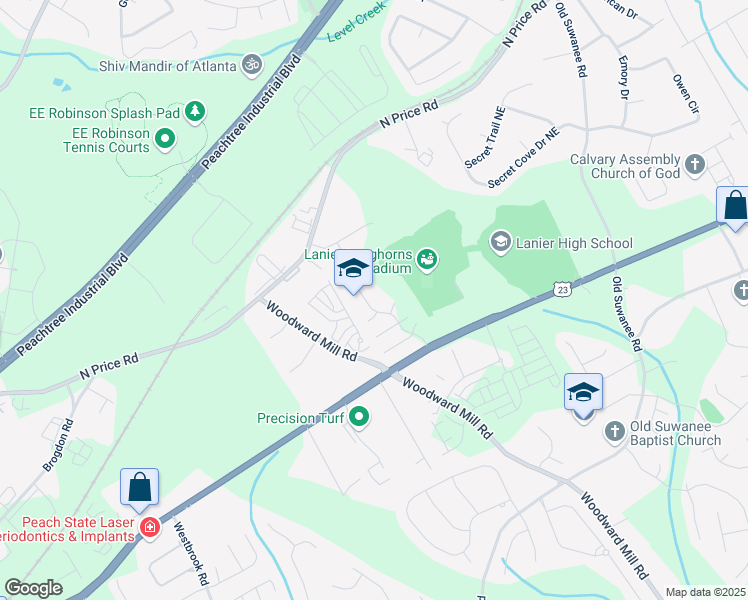 map of restaurants, bars, coffee shops, grocery stores, and more near 4349 Northmark Lane in Buford