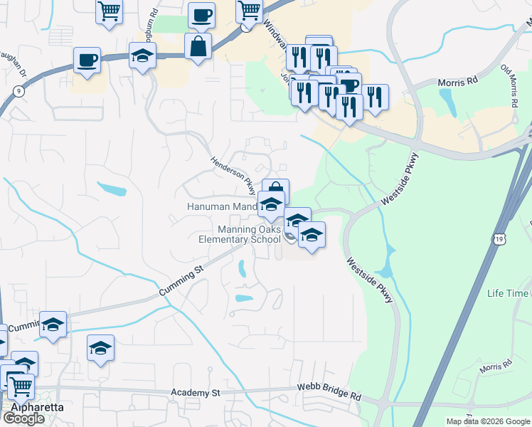 map of restaurants, bars, coffee shops, grocery stores, and more near 1716 Cotton Patch Lane in Alpharetta
