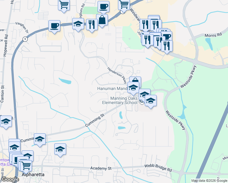 map of restaurants, bars, coffee shops, grocery stores, and more near 1530 Planters Ridge Lane in Alpharetta