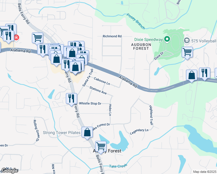 map of restaurants, bars, coffee shops, grocery stores, and more near 209 Caboose Lane in Woodstock