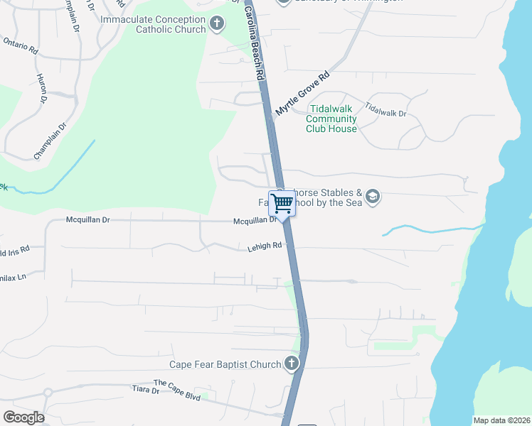map of restaurants, bars, coffee shops, grocery stores, and more near 116 Mcquillan Drive in Wilmington