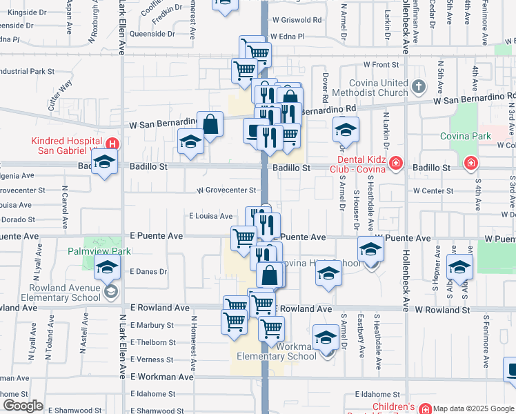 map of restaurants, bars, coffee shops, grocery stores, and more near 747 North Azusa Avenue in West Covina
