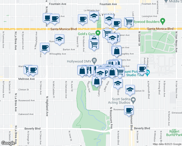 map of restaurants, bars, coffee shops, grocery stores, and more near 738 Wilcox Avenue in Los Angeles