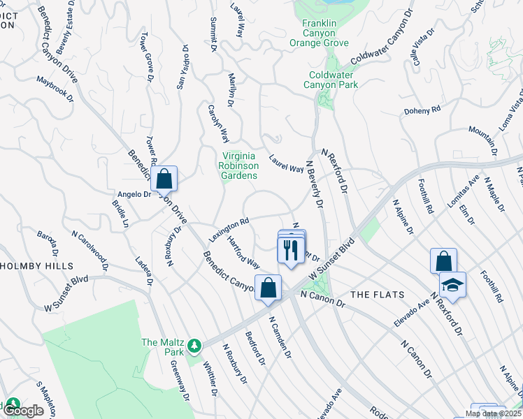 map of restaurants, bars, coffee shops, grocery stores, and more near 1545 Lexington Road in Beverly Hills