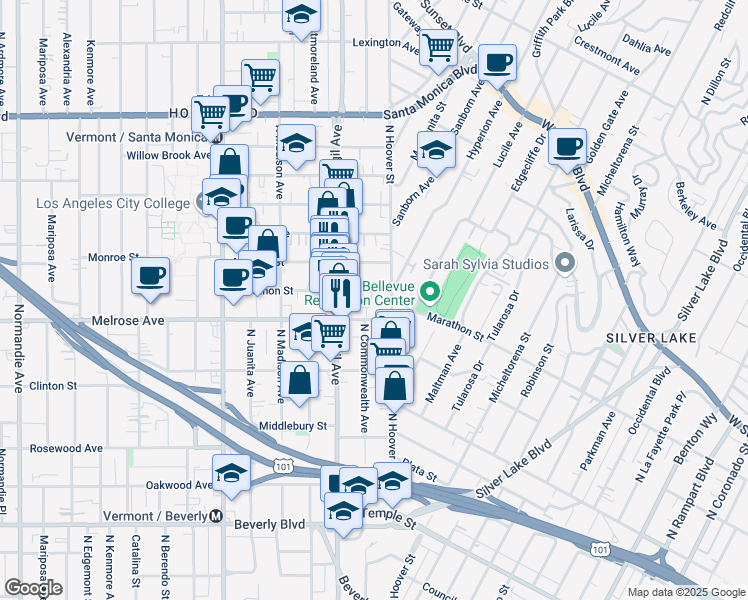 map of restaurants, bars, coffee shops, grocery stores, and more near 3920 Marathon Street in Los Angeles