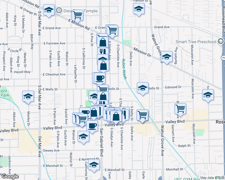 map of restaurants, bars, coffee shops, grocery stores, and more near 1302 South Gladys Avenue in San Gabriel