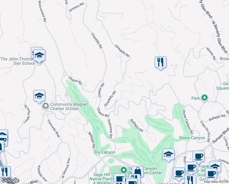 map of restaurants, bars, coffee shops, grocery stores, and more near 865 Stradella Road in Los Angeles
