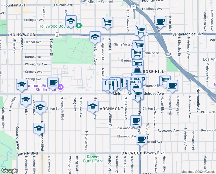 map of restaurants, bars, coffee shops, grocery stores, and more near 727 North Wilton Place in Los Angeles