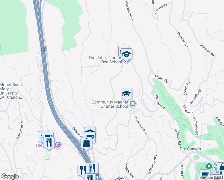 map of restaurants, bars, coffee shops, grocery stores, and more near 911 Linda Flora Drive in Los Angeles