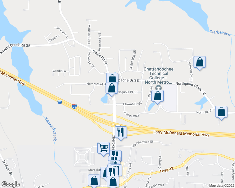 map of restaurants, bars, coffee shops, grocery stores, and more near 5348 Glade Road Southeast in Acworth