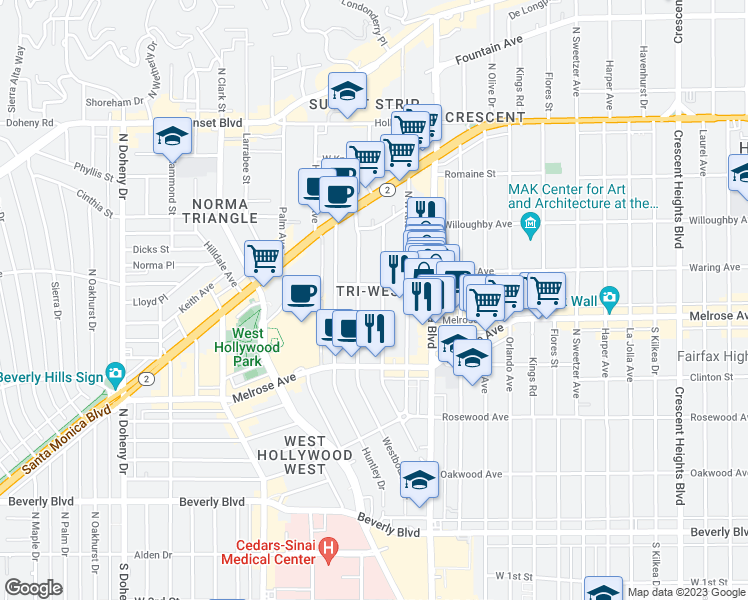 map of restaurants, bars, coffee shops, grocery stores, and more near 726 Westmount Drive in West Hollywood