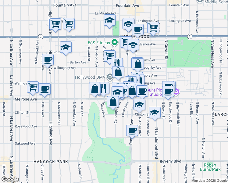 map of restaurants, bars, coffee shops, grocery stores, and more near 731 North Cahuenga Boulevard in Los Angeles