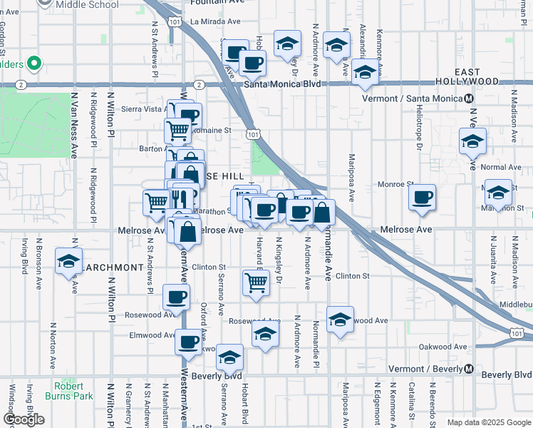 map of restaurants, bars, coffee shops, grocery stores, and more near 732 North Harvard Boulevard in Los Angeles