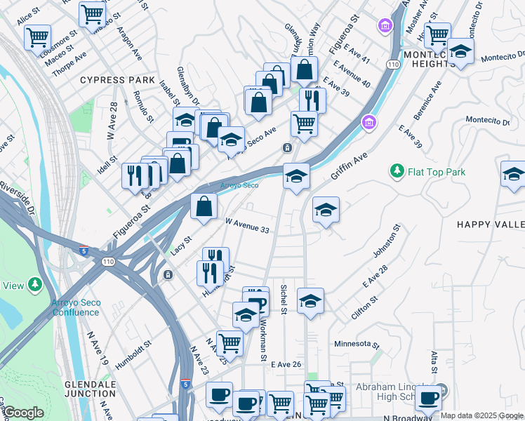 map of restaurants, bars, coffee shops, grocery stores, and more near 131 West Avenue 34 in Los Angeles