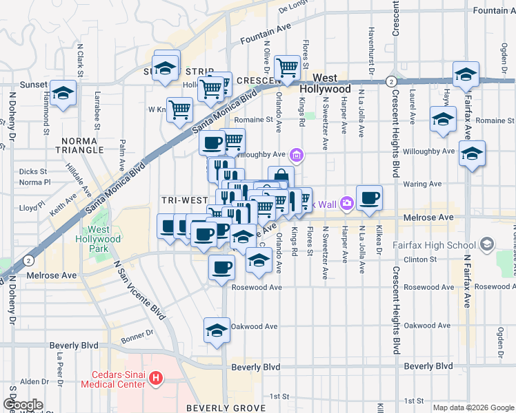map of restaurants, bars, coffee shops, grocery stores, and more near 725 Croft Avenue in Los Angeles