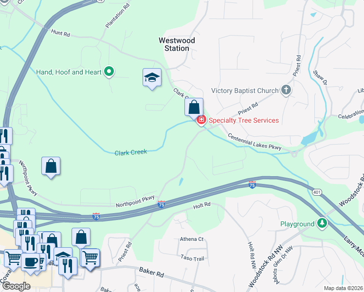 map of restaurants, bars, coffee shops, grocery stores, and more near 5379 Priest Road in Acworth
