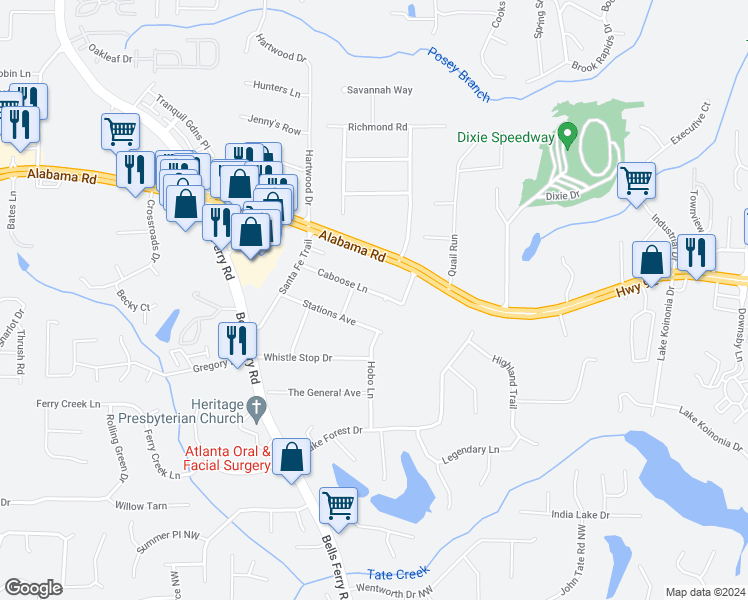 map of restaurants, bars, coffee shops, grocery stores, and more near 207 Caboose Lane in Woodstock
