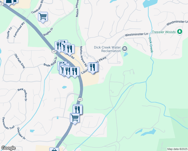map of restaurants, bars, coffee shops, grocery stores, and more near 3245 Peachtree Parkway in Suwanee