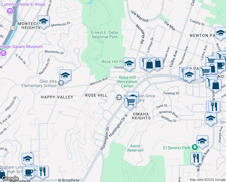 map of restaurants, bars, coffee shops, grocery stores, and more near Topaz Street & Galena Street in Los Angeles