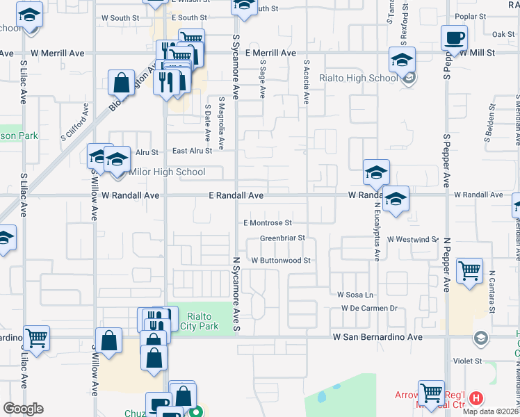 map of restaurants, bars, coffee shops, grocery stores, and more near 92376 South Sage Avenue in Rialto