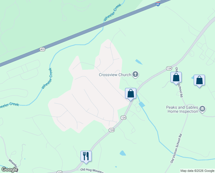 map of restaurants, bars, coffee shops, grocery stores, and more near 1918 East Bay Street in Hoschton