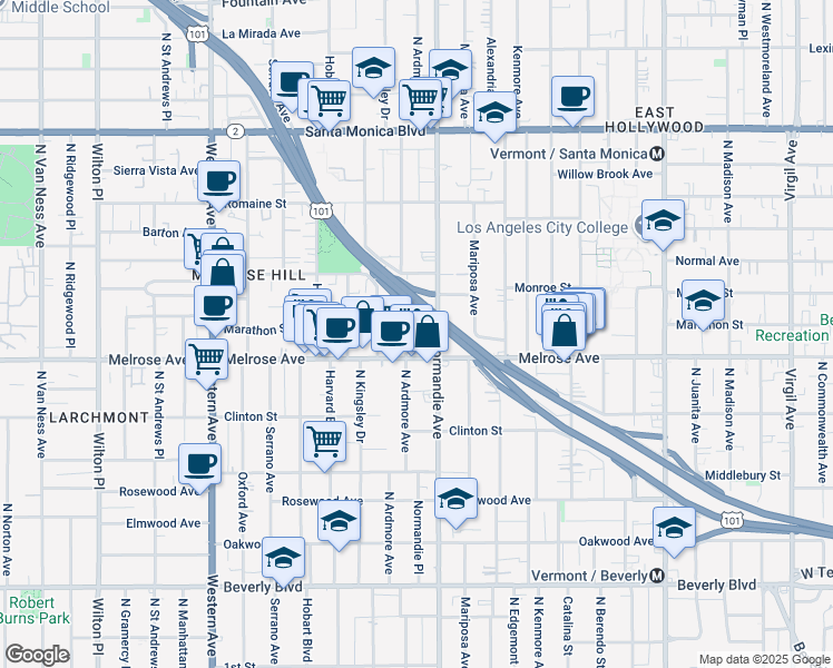 map of restaurants, bars, coffee shops, grocery stores, and more near 731 North Ardmore Avenue in Los Angeles