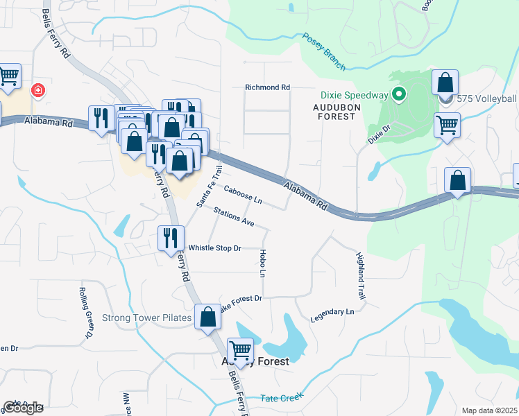 map of restaurants, bars, coffee shops, grocery stores, and more near 209 Caboose Ln in Woodstock