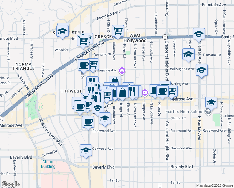 map of restaurants, bars, coffee shops, grocery stores, and more near 732 North Orlando Avenue in Los Angeles