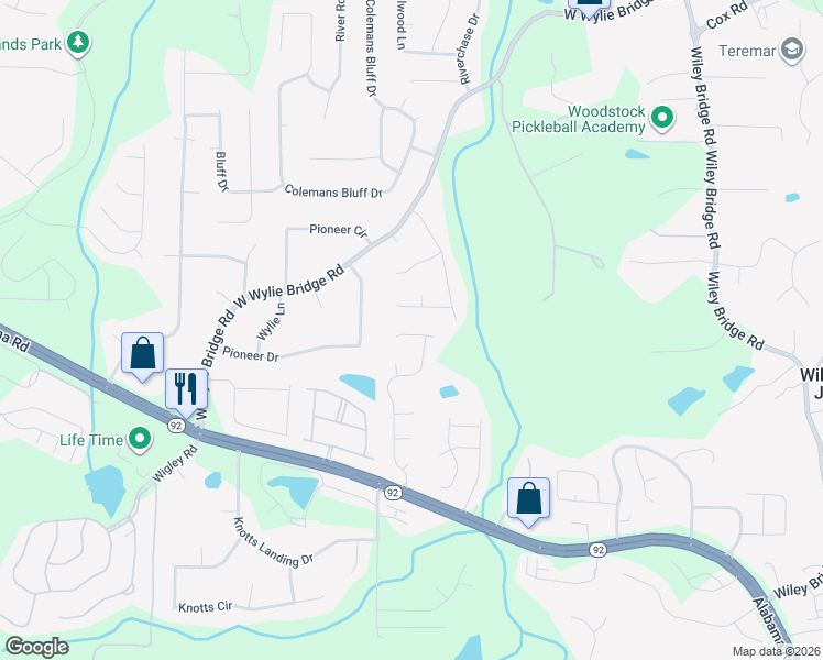 map of restaurants, bars, coffee shops, grocery stores, and more near 515 Stanford Place in Woodstock