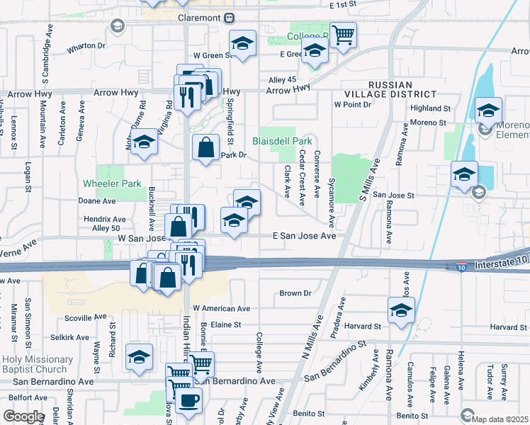 map of restaurants, bars, coffee shops, grocery stores, and more near 631 Citadel Avenue in Claremont