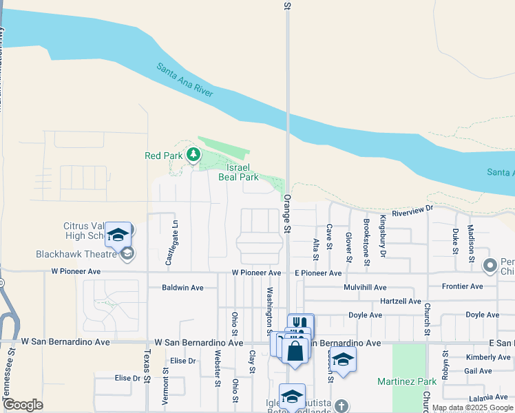 map of restaurants, bars, coffee shops, grocery stores, and more near 140 West Pioneer Avenue in Redlands