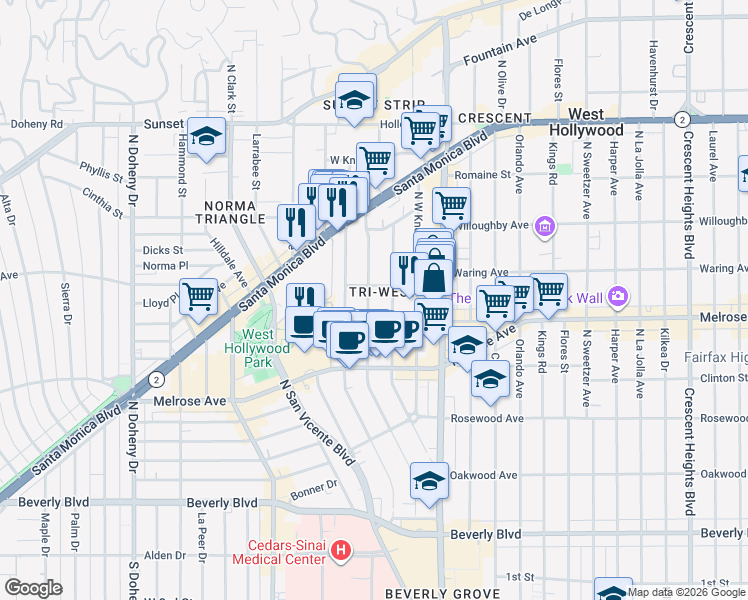 map of restaurants, bars, coffee shops, grocery stores, and more near 722 Westbourne Drive in West Hollywood