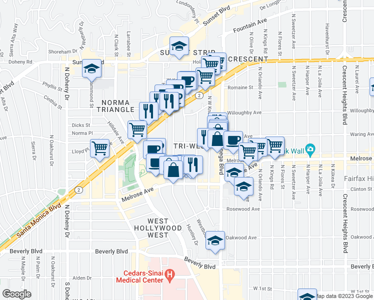 map of restaurants, bars, coffee shops, grocery stores, and more near 722 Westbourne Drive in West Hollywood