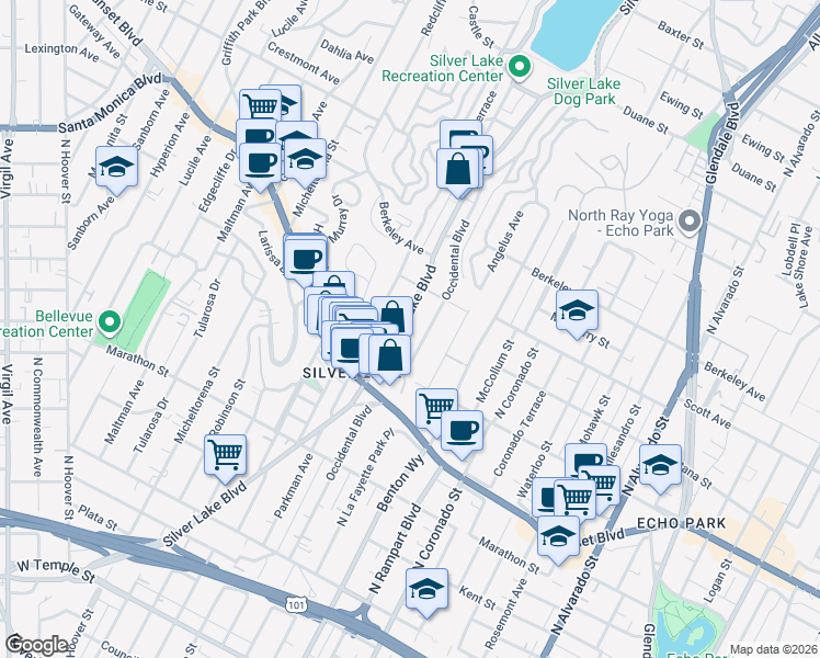 map of restaurants, bars, coffee shops, grocery stores, and more near 2 Silver Lake Boulevard in Los Angeles