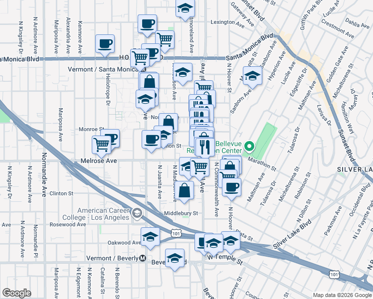 map of restaurants, bars, coffee shops, grocery stores, and more near 4044 Marathon Street in Los Angeles
