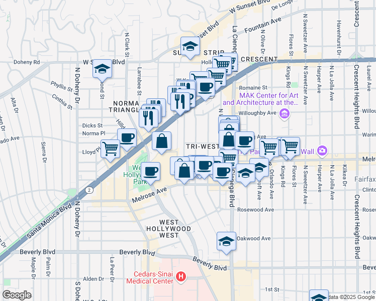 map of restaurants, bars, coffee shops, grocery stores, and more near 720 Huntley Drive in West Hollywood