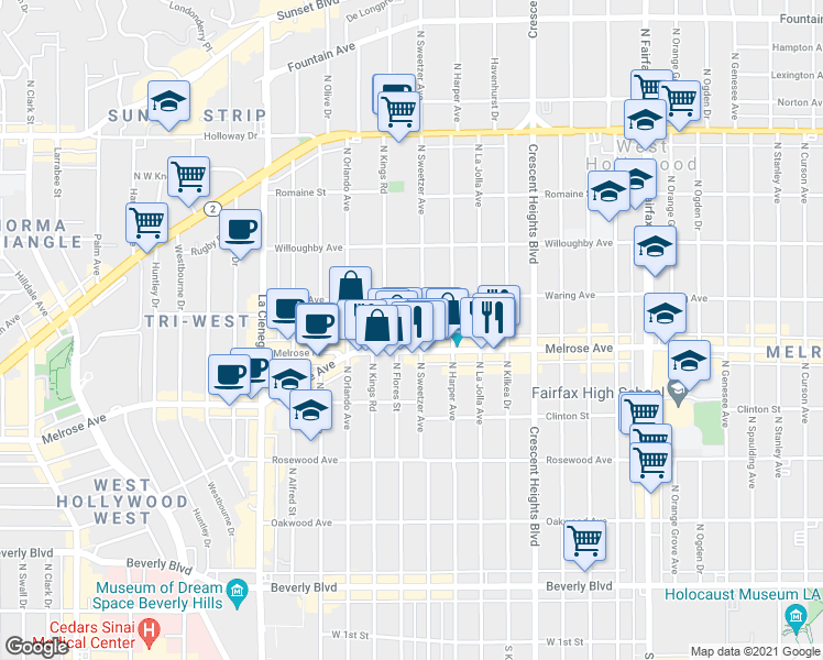 map of restaurants, bars, coffee shops, grocery stores, and more near 725 North Sweetzer Avenue in Los Angeles